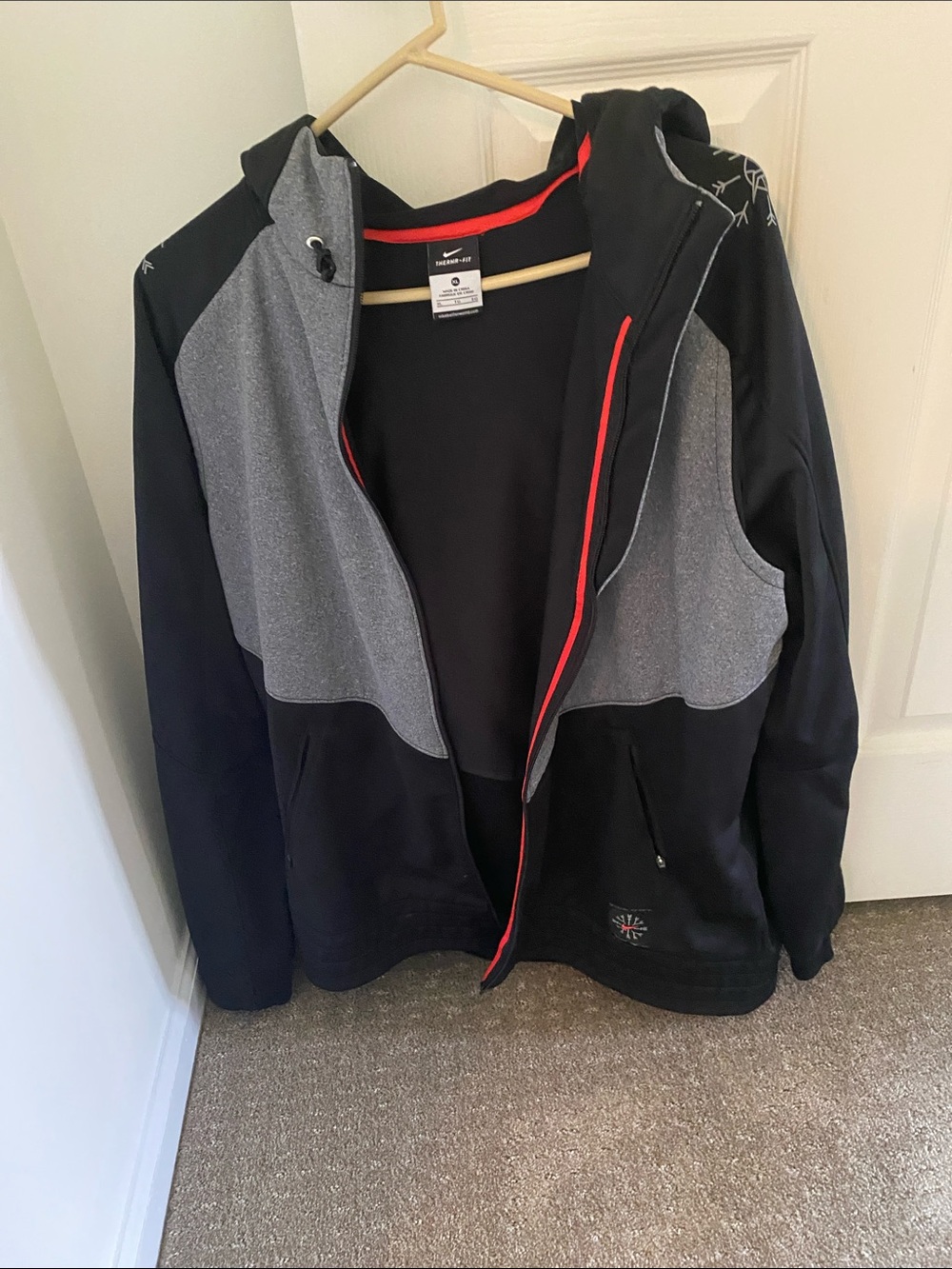 Nike Black & Gray Hooded Zip Jacket with Red Accent